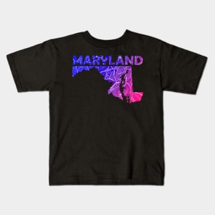 Colorful mandala art map of Maryland with text in blue and violet Kids T-Shirt